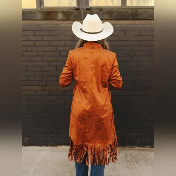 NWT Camel Faux Suede Jacket Blazer With Fringed Hem With Pockets - Picture 3 of 4